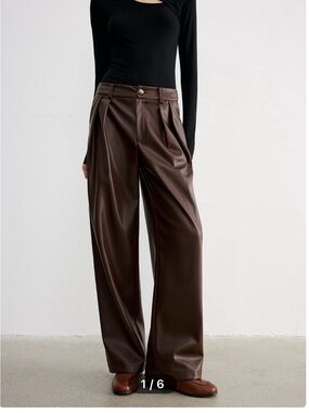 Commense Wide-Leg Faux Leather Pants in Dark Brown, small, NWT